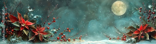 A serene winter night with a full moon illuminating poinsettias and berries in snow  creating a magical holiday scene.