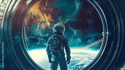 Spaceman in a spacesuit stands in front of spaceship circle window