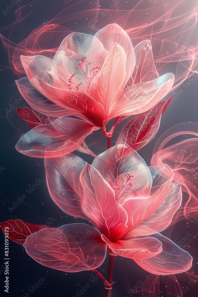 Obraz premium Two Pink Flowers With Leaves on a Black Background