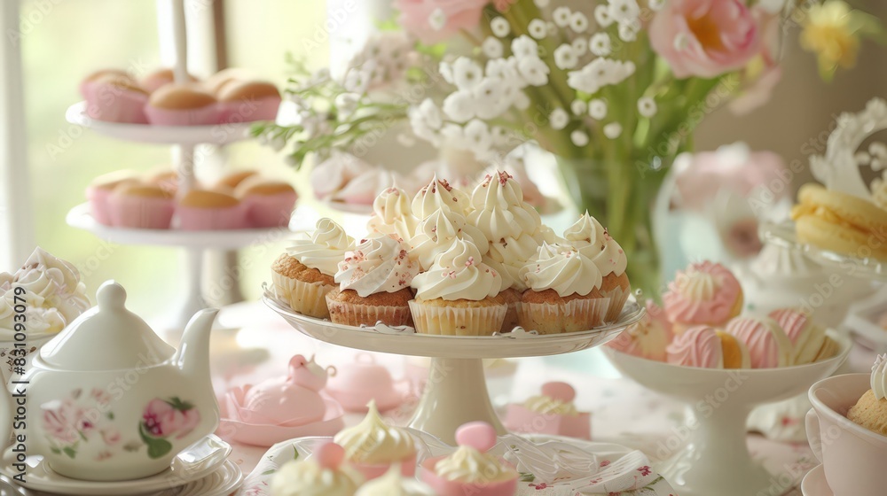 An Easter afternoon tea party, complete with dainty sandwiches, scones, and beautifully decorated cupcakes. --ar 16:9 An Easter afternoon tea party, complete with dainty sandwiches, scones, and beautifully decorated cupcakes. --ar 16:9