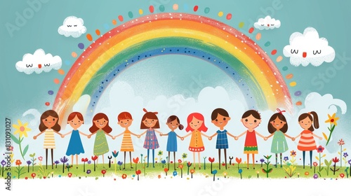 Cartoonist type kids or people holding hands and rainbow lines with clouds