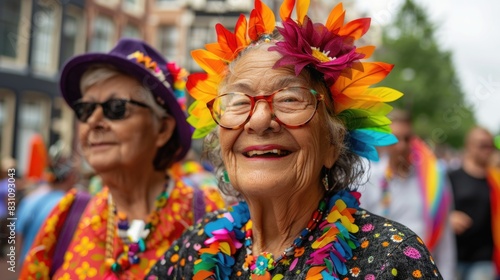 Charismatic seniors at LGBTQ gay pride parade in city street blurred background