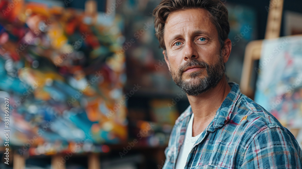 Male Artist in Plaid Shirt with Colorful Abstract Paintings in Studio Background Bearded Man Male Artist in Plaid Shirt with Colorful Abstract Paintings in Studio Background Bearded Man