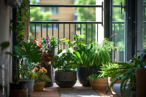 A cozy balcony or terrace transformed into an urban oasis with a selection of modern fake plants arranged in trendy planters  offering a vibrant outdoor retreat.
