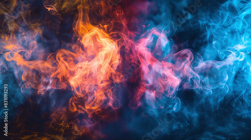 Abstract Fiery Orange and Cool Blue Smoke Swirling Against Dark Background Mystical Colors