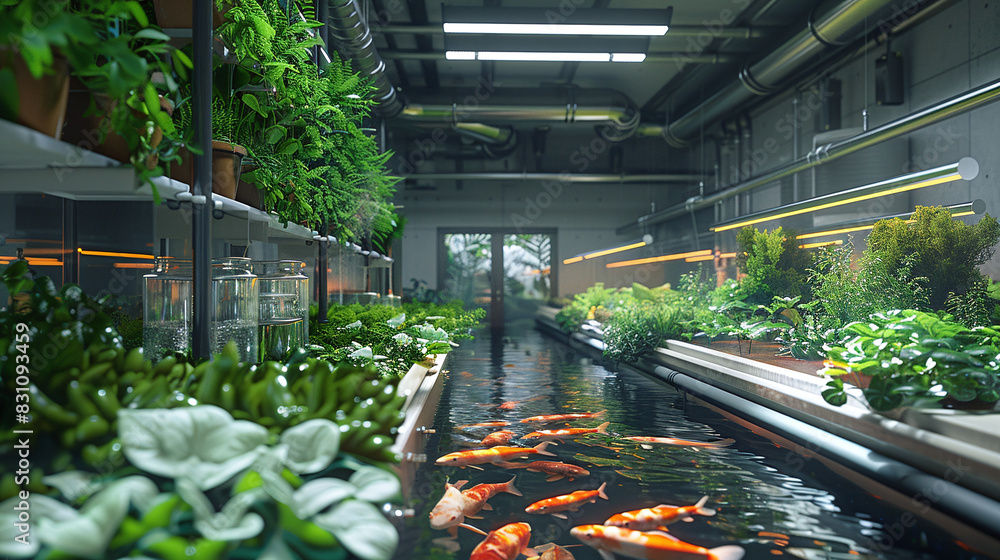 Indoor Aquaponics System with Koi Fish and Lush Green Plants