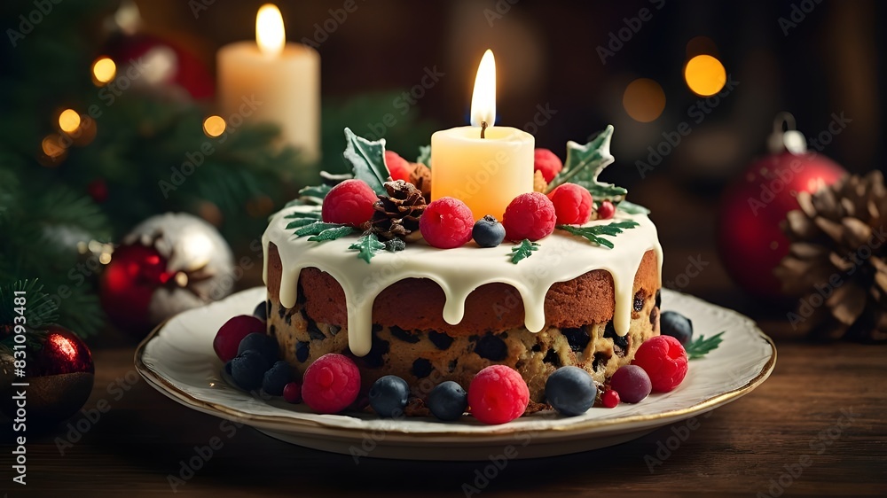 Create a high-resolution image of a delectable Christmas cake garnished with a flickering candle to capture the warm, festive feeling. Create a high-resolution image of a delectable Christmas cake garnished with a flickering candle to capture the warm, festive feeling.