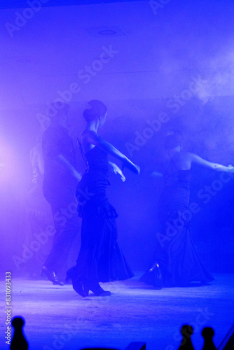 Silhouettes of a group of Spanish flamenco dancers on the stage of the theatre on a dark blue background. Space for your design.