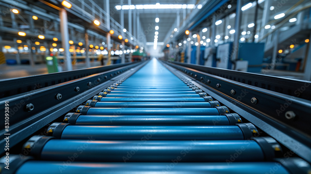Blue Conveyor Belt in a Modern Industrial Warehouse with Bright LED Lighting and Metal Structures Blue Conveyor Belt in a Modern Industrial Warehouse with Bright LED Lighting and Metal Structures