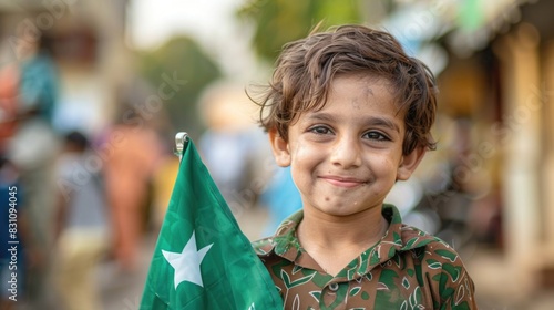 Pakistani little boy smiling holding pakistani flag looking at camera photo