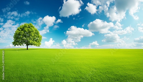 A green field with tree and a blue sky and white clouds  nature background. banner