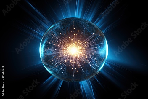 Big metallic sphere with electric rays, power of the gravitational force, emerging large rays of plasma that release energy to the universe photo