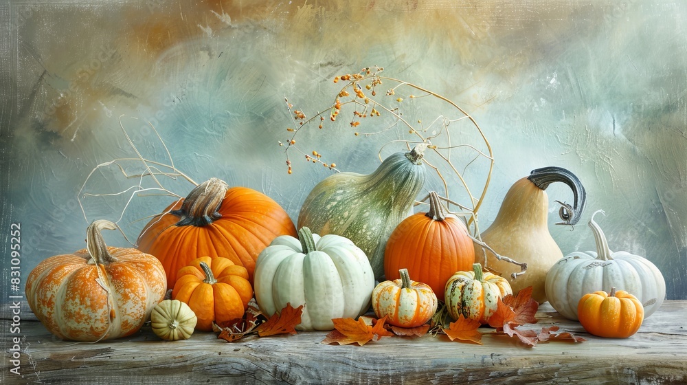 Pastel-colored background with a close-up of pumpkins and gourds on a rustic table. Pastel-colored background with a close-up of pumpkins and gourds on a rustic table.