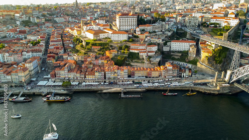 Old town of Porto at river Douro  Portugal aerial photo 12 may 2024 year. Sunset