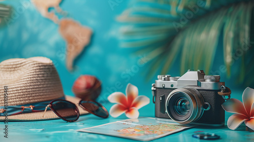 Travel Essentials Concept with Vintage Camera Straw Hat Sunglasses Tropical Flowers and Map