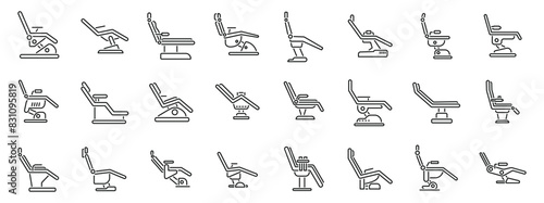 Dental chair icons outline set vector. A series of chairs are shown in various positions. Some are reclining, while others are upright. The chairs are arranged in a line, with some placed closer