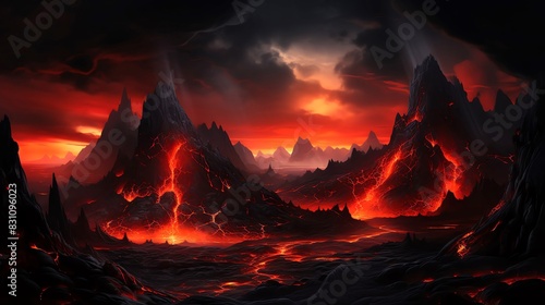 Abstract depiction of a volcano, combining stark contrasts between fiery and dark with a glowing lava effect for dramatic impact photo