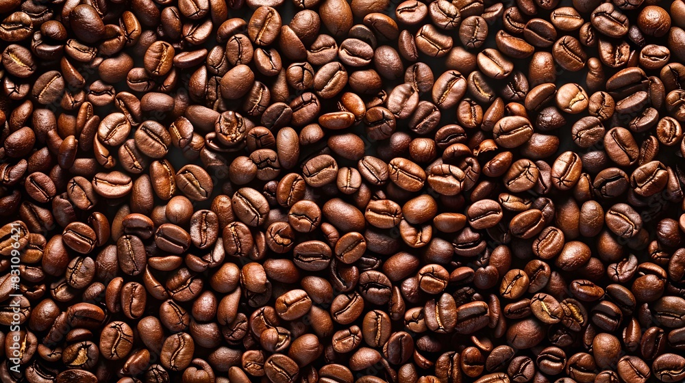 Fototapeta premium Close-up of roasted coffee beans. Perfect for culinary, food, and beverage stock images. Ideal for backgrounds, advertisements, and designs. AI