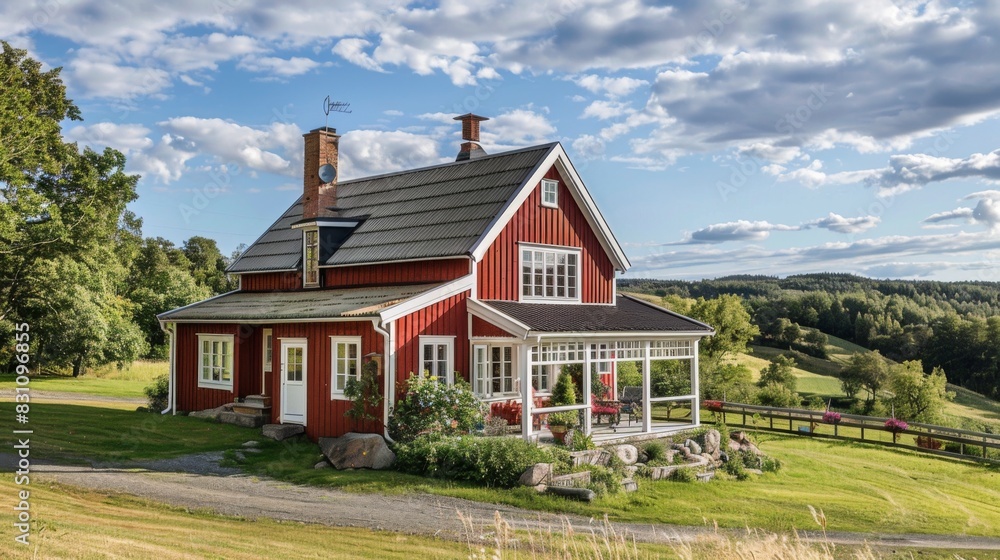 Charming Nordic farmhouse surrounded by rolling hills and meadows, with a red-painted exterior, white trim, and a picturesque setting, exuding rural tranquility Charming Nordic farmhouse surrounded by rolling hills and meadows, with a red-painted exterior, white trim, and a picturesque setting, exuding rural tranquility