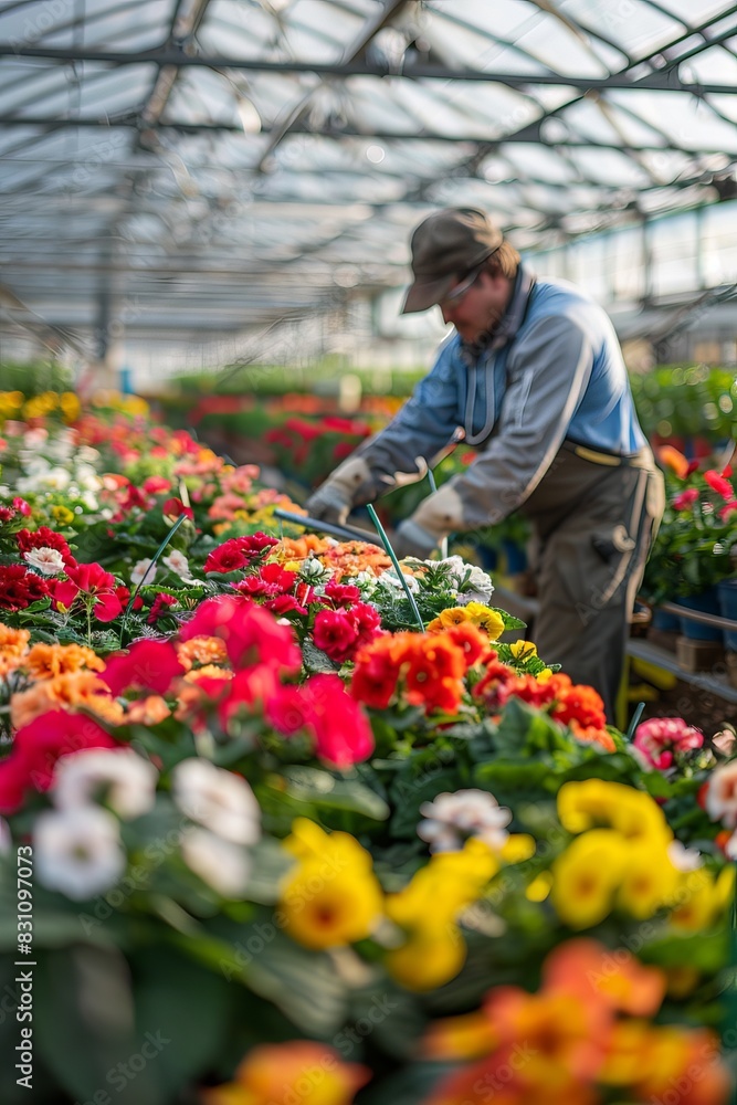 blurred gardener in a green house working with colorful flowers , daylight spring day blurred gardener in a green house working with colorful flowers , daylight spring day