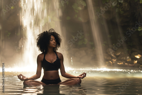 Black woman practicing wellness meditation in a lotus position in water with an exotic waterfall and light rays in the background