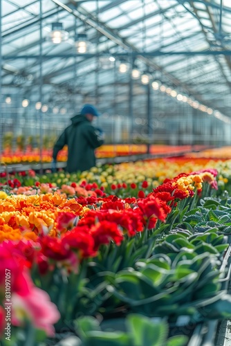 blurred gardener in a green house working with colorful flowers , daylight spring day
