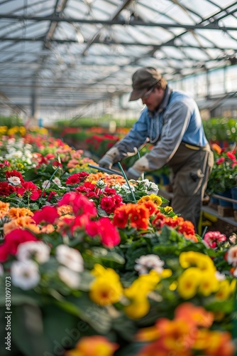 blurred gardener in a green house working with colorful flowers , daylight spring day © aledesun