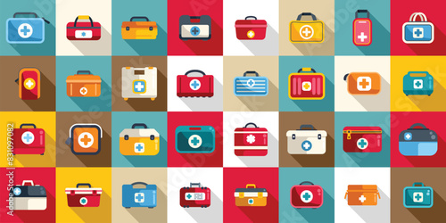 Car first aid kit icons set vector. A collection of medical bags with various designs and colors. Concept of organization and preparedness for emergencies