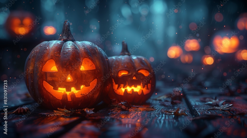 Naklejka premium Glowing Jack-O-Lanterns in a Spooky Forest Setting at Night