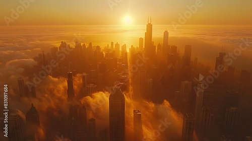 Movie still of aerial view from the movie high rise, Chicago skyline at sunset. The aerial view shows the Chicago skyline at sunset during the golden hour.