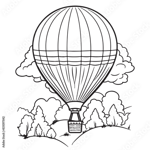 Black line art design of hot air balloon, vector illustration on white background