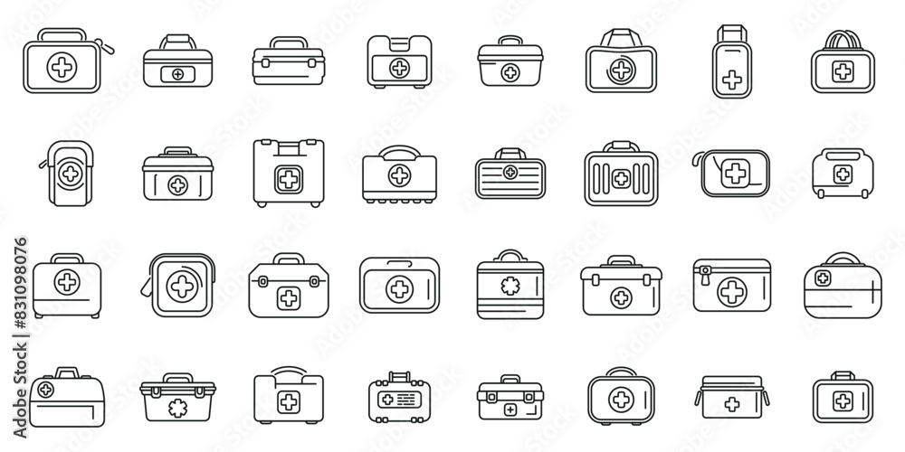 Car first aid kit icons set vector. A collection of medical bags and cases, including a first aid kit, a medical bag, and a medical case Car first aid kit icons set vector. A collection of medical bags and cases, including a first aid kit, a medical bag, and a medical case