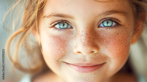 A close-up of a child s face with a big smile and sparkling eyes  radiating happiness and the innocence of youth