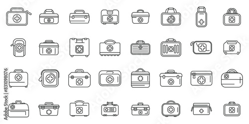 Car first aid kit icons set vector. A collection of medical bags and cases, including a first aid kit, a medical bag, and a medical case