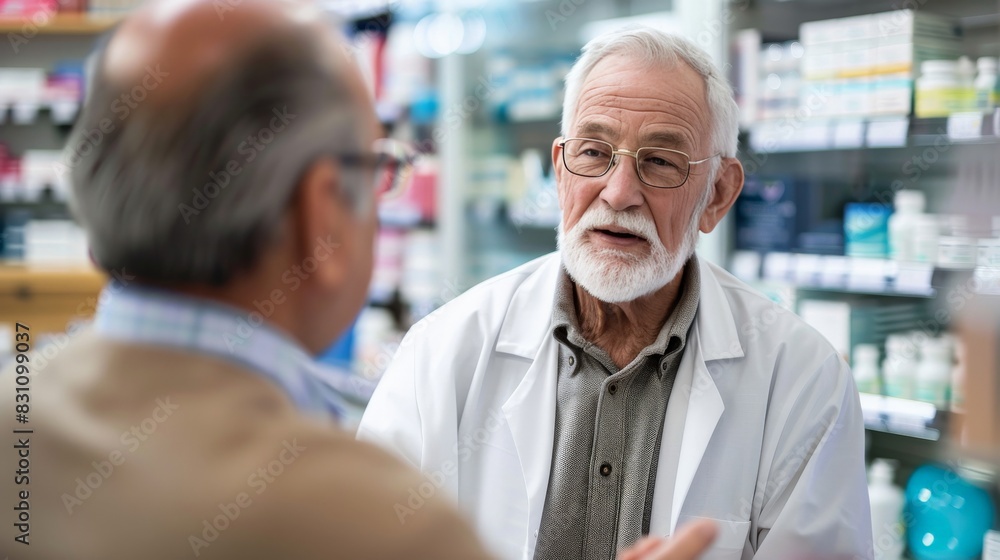 Obraz premium Senior man discussing his medications with a pharmacist in a bright pharmacy