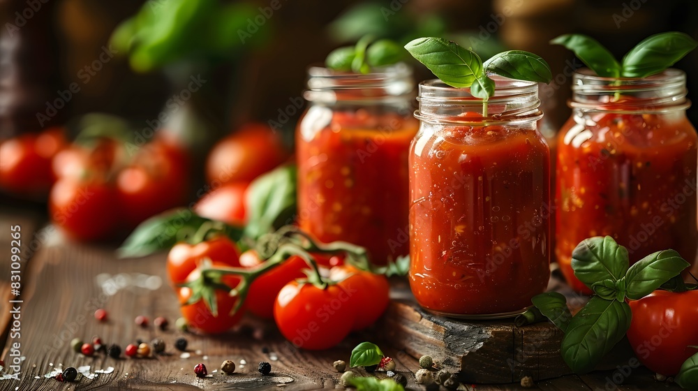 Tomato sauce in glass jars on an old wooden table with fresh tomatoes and basil leaves, ready to be served as part of the meal or for use in cooking. Tomato sauce in glass jars on an old wooden table with fresh tomatoes and basil leaves, ready to be served as part of the meal or for use in cooking.