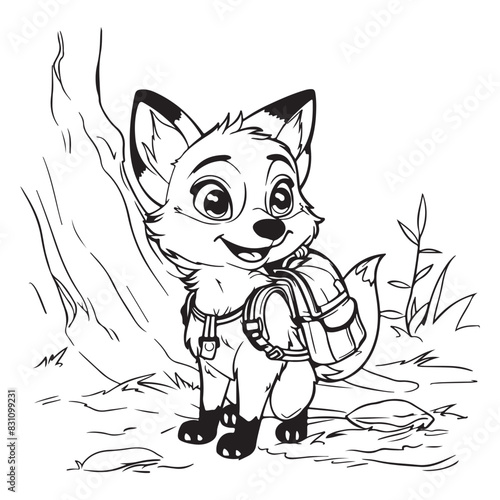 Cute fox hiking in nature for kids coloring book, black vector illustration  on white background