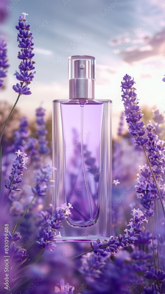 A bottle of perfume is placed in a field of purple flowers A bottle of perfume is placed in a field of purple flowers