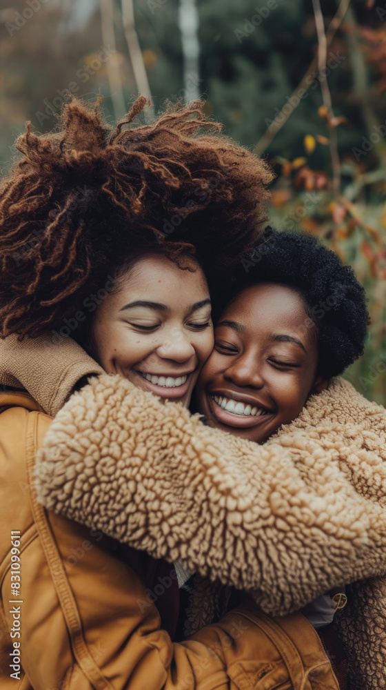 Two women embracing warmly in a forested area, surrounded by trees and greenery Two women embracing warmly in a forested area, surrounded by trees and greenery