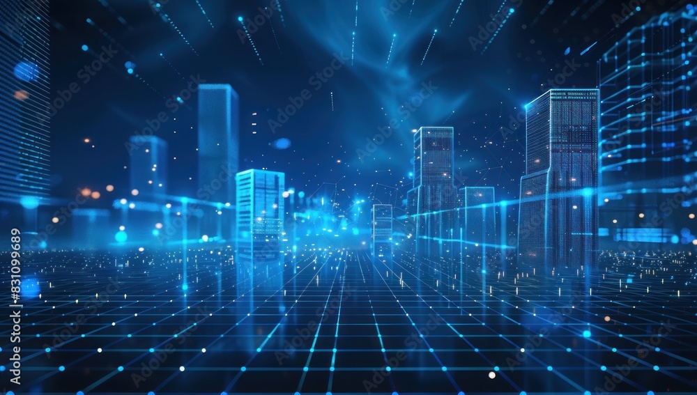 Blue digital circuit with data blocks and holographic icons on a dark background Blue digital circuit with data blocks and holographic icons on a dark background