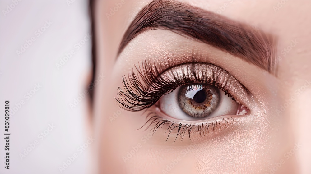 Close-up of a beautiful eye with long lashes and well-defined eyebrow. Perfect for beauty, makeup, and skincare themes. High detail and clarity. AI Close-up of a beautiful eye with long lashes and well-defined eyebrow. Perfect for beauty, makeup, and skincare themes. High detail and clarity. AI