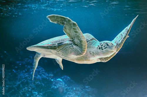 photo of Sea turtle in the Galapagos island. Green sea turtle swimming peacefully along the seafloor in the shallow waters just off the beach
