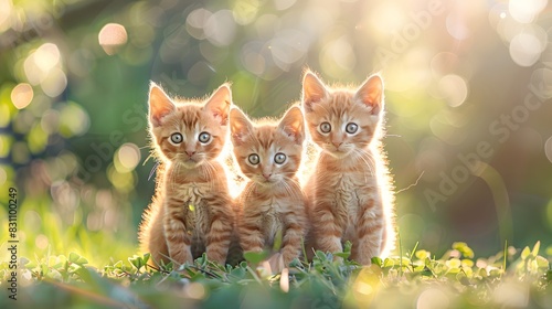 Three cute orange kittens, standing side by side on the grass in front of you, looking at the camera, with sunlight shining down from behind them.