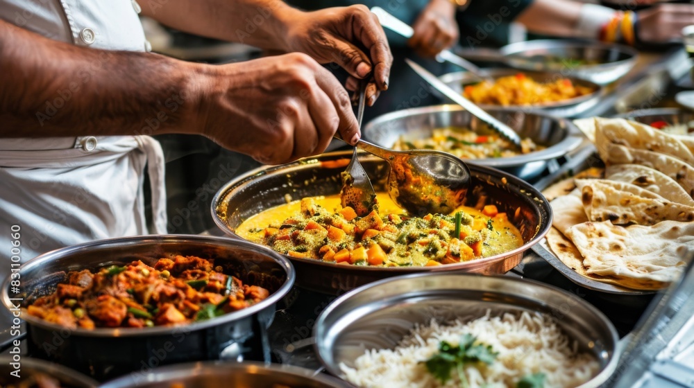Chef plating vegetarian thali meal with an assortment of curries, dal, rice, and bread, showcasing the diverse flavors and textures of Indian cuisine Chef plating vegetarian thali meal with an assortment of curries, dal, rice, and bread, showcasing the diverse flavors and textures of Indian cuisine