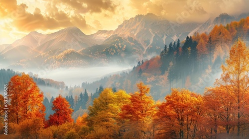 Pastel autumn background with a view of a mountain range and trees in fall colors. photo