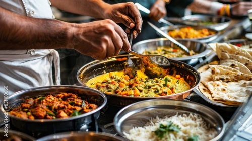 Chef plating vegetarian thali meal with an assortment of curries, dal, rice, and bread, showcasing the diverse flavors and textures of Indian cuisine © Plaifah