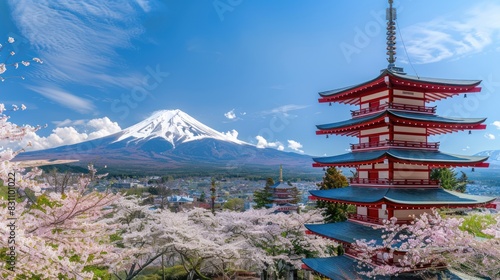 Pagoda in the spring with cherry blossoms photo