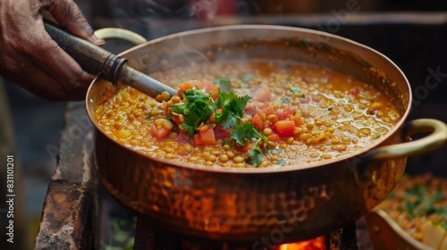 Chef preparing aromatic Indian dal curry with lentils, tomatoes, and spices, simmering to perfection in a traditional copper pot photo