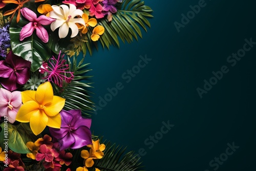 Colorful tropical flowers and lush green leaves arranged on a dark background  creating a vibrant and exotic border design.