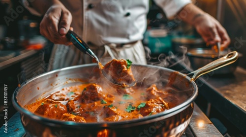 Chef preparing butter chicken curry in a traditional Indian copper pot, simmering with creamy tomato sauce and tender chicken pieces